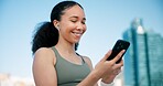 Fitness, phone and woman in city with earphones for music, tracking exercise or mobile app. Sports, runner and person on smartphone for workout goals, training and active hobby for health or wellness