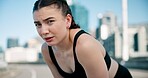 Runner, tired and portrait of woman in city for break from exercise, workout and training. Sports, fatigue and person in town for rest, challenge and fitness for active hobby, wellness and health