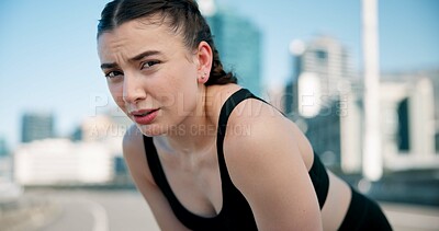 Buy stock photo Runner, tired and portrait of woman in city for break from exercise, workout and training. Sports, fatigue and person in town for rest, challenge and fitness for active hobby, wellness and health