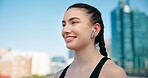 Runner, thinking and woman with music in city on break for exercise, workout and training. Sports, earphones and person in town for rest, audio and fitness for active hobby, wellness and health