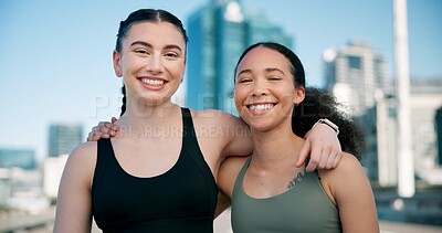 Buy stock photo Runner, friends and portrait of women in city with hug for exercise, workout and training together. Sports, smile and people in town for rest, break and fitness for active hobby, wellness and health