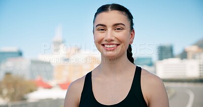 Buy stock photo Runner, rest and portrait of happy woman in city for exercise, workout and training in town. Sports, smile and person in street for break, challenge and fitness for active hobby, wellness and health