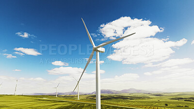 Buy stock photo Blue sky, nature and wind turbine outdoor by grass for renewable energy, sustainable or eco friendly. Field, clouds and windmill for natural resource with economic development in countryside.