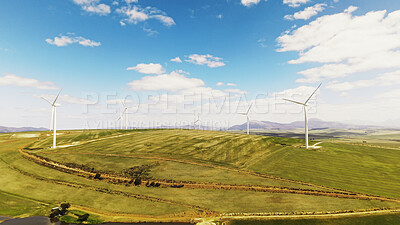 Buy stock photo Farm, wind turbine and clean energy outdoor in nature, sustainability or eco friendly in environment. Aerial view, windmill and natural power plant with zero emissions, space or renewable electricity