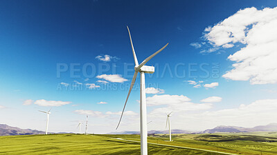 Buy stock photo Blue sky, nature and wind turbines on farm by grass for renewable energy, sustainable or eco friendly. Field, clouds and windmills for natural resource with economic development in countryside.