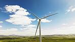 Farm, wind turbine and eco friendly outdoor in nature, sustainability or clean energy in environment. Windmill, low angle and natural power plant with zero emissions, space and renewable electricity