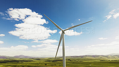 Buy stock photo Farm, wind turbine and eco friendly outdoor in nature, sustainability or clean energy in environment. Windmill, low angle and natural power plant with zero emissions, space and renewable electricity