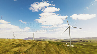 Buy stock photo Farm, wind turbine and sustainability outdoor in nature, clean energy or eco friendly in environment. Aerial view, windmill and natural power plant with zero emissions, space or renewable electricity