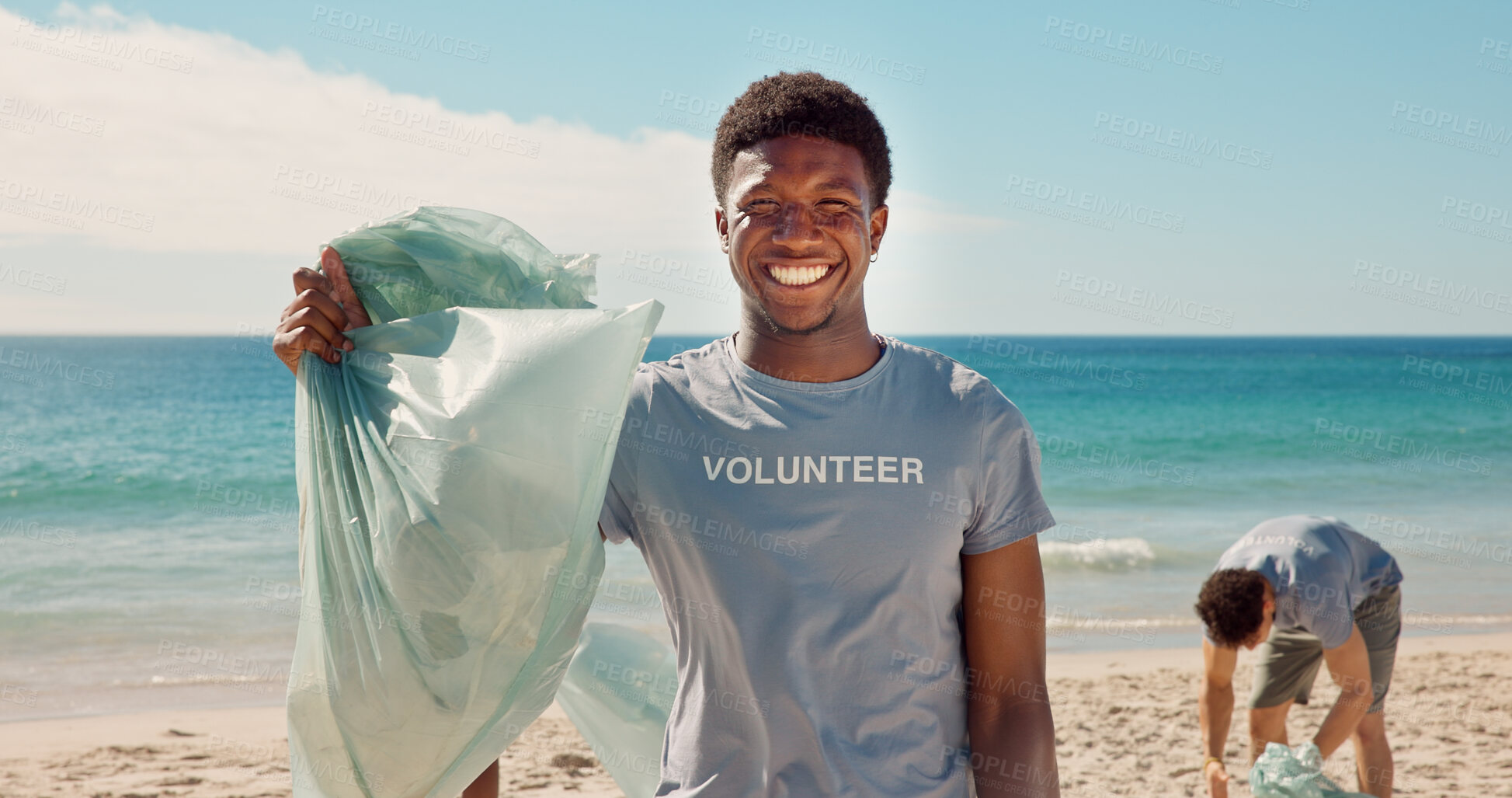 Buy stock photo Portrait, beach and man with trash bag, volunteer for social responsibility and waste management. Ocean, cleaning environment and happy person with plastic collection, sustainability and eco friendly