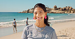 Happy, woman and portrait of volunteer on beach with confidence for social responsibility. Smile, NGO and female charity worker by ocean for community service with earth day project by seaside.
