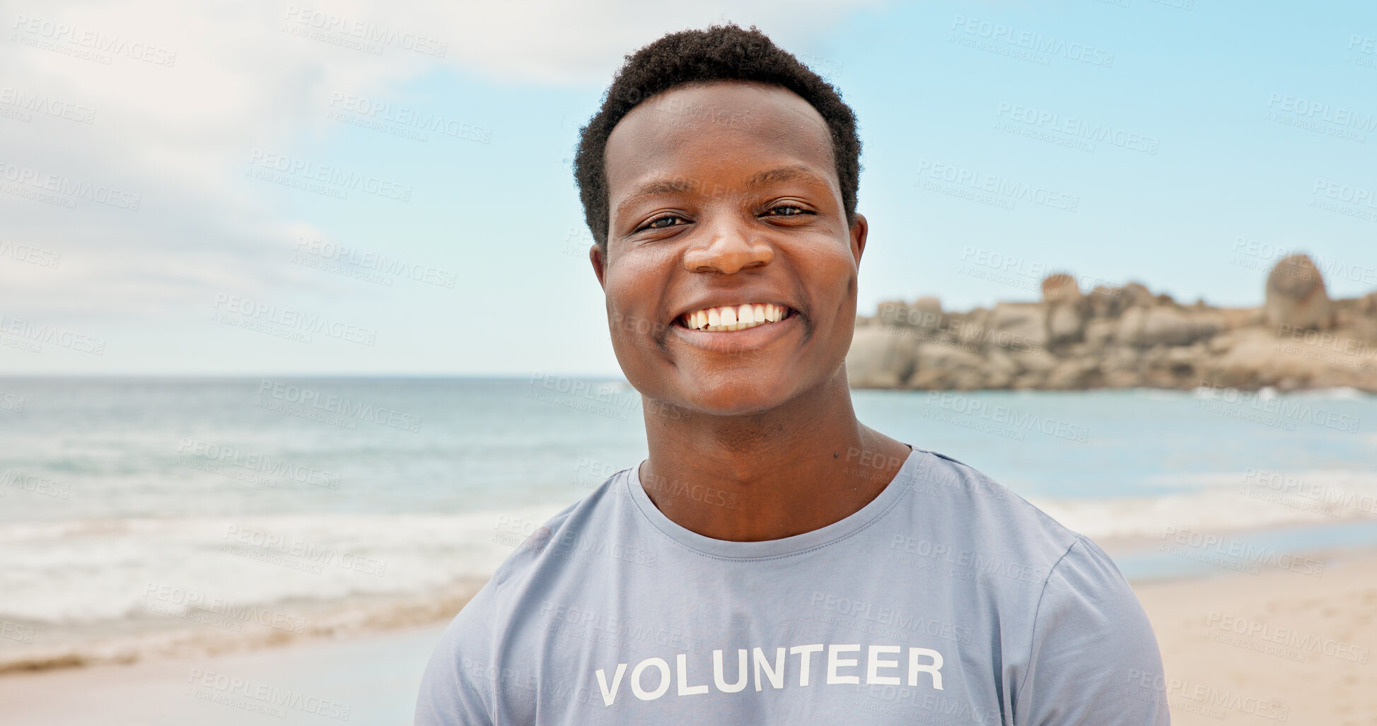 Buy stock photo Happy, black man and portrait of volunteer on beach with confidence for social responsibility. Smile, NGO and African charity worker by ocean for community service with earth day project by seaside.