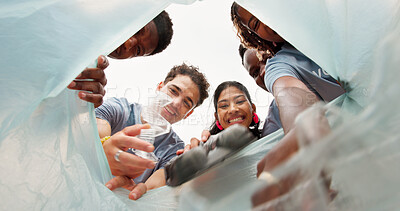 Buy stock photo Plastic bag, pov and waste with people outdoor for cleaning, conservation or sustainability. Below, smile and teamwork with volunteer group in nature for protection of environment or recycling