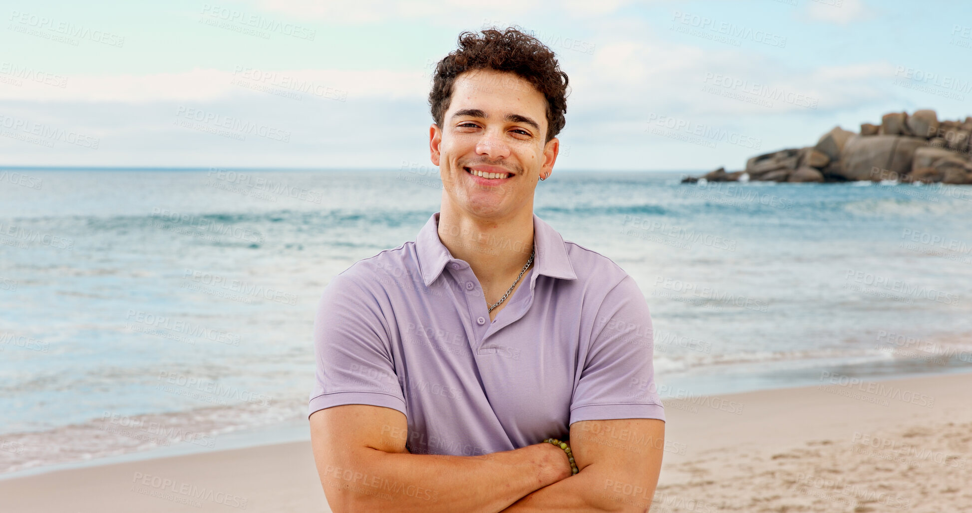Buy stock photo Happy, portrait and man with arms crossed at beach, space and confident on summer holiday or travel. Sea, vacation and person with smile on weekend break, tourism and outdoor for adventure in USA