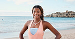 Portrait, happy and black woman at beach with summer holiday, relax and weekend getaway for tourism. Female person, smile and outdoor by ocean with travel adventure, tropical island or vacation trip.