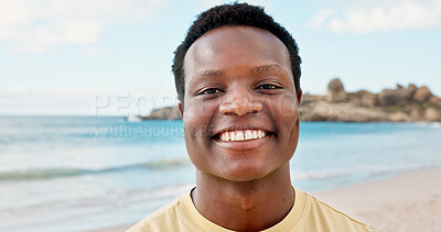 Buy stock photo Portrait, happy and black man at beach with summer holiday, relax and weekend getaway for tourism. Space, person and smile outdoor by ocean with travel adventure, tropical island and vacation trip.