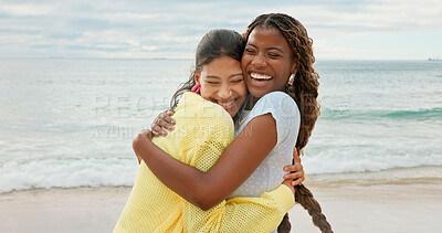 Buy stock photo Happy, hug and girl friends by beach with bonding, love and care together on holiday or getaway. Smile, connection and female people embracing by ocean for seaside vacation, travel or weekend trip.