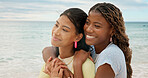 Happy, friends and hug at beach with summer holiday, bonding together or relax for weekend getaway. Space, people and embrace outdoor by ocean with travel adventure, tropical island or vacation trip.