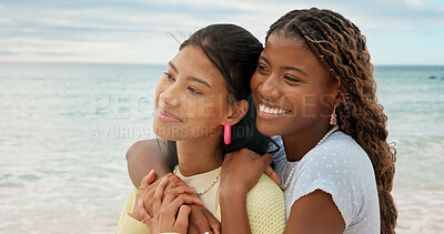 Buy stock photo Happy, friends and hug at beach with summer holiday, bonding together or relax for weekend getaway. Space, people and embrace outdoor by ocean with travel adventure, tropical island or vacation trip.