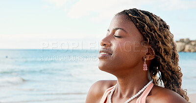 Buy stock photo Woman, relax or breathing at beach with summer holiday, mindfulness or peace for weekend getaway. Space, black person and fresh air outdoor by ocean with reflection, tropical island or vacation trip.