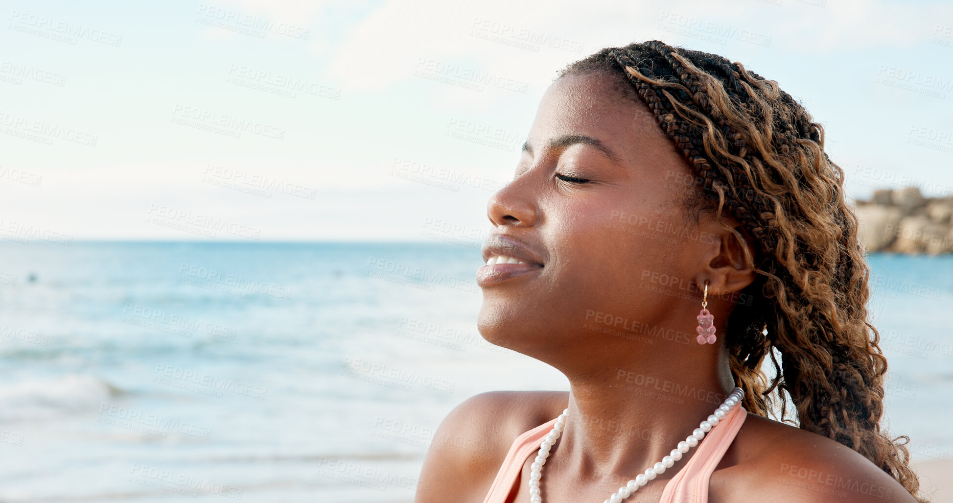 Buy stock photo Woman, relax or breathing at beach with summer holiday, mindfulness or peace for weekend getaway. Space, black person and fresh air outdoor by ocean with reflection, tropical island or vacation trip.
