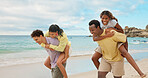 Outdoor, piggyback and happy couple of friends at beach, playing and walking with partner on holiday. Ocean, vacation and interracial people on summer adventure, laughing and fun in nature and date