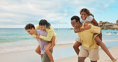 Buy stock photo Outdoor, piggyback and happy couple of friends at beach, playing and walking with partner on holiday. Ocean, vacation and interracial people on summer adventure, laughing and fun in nature and date