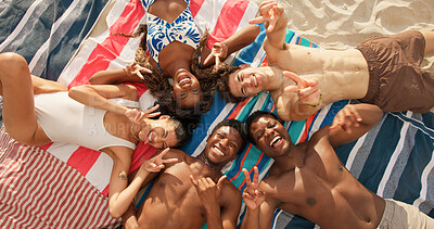 Buy stock photo Portrait, beach and friends with peace sign for selfie, social media post and picture for summer break. Rock gesture, above or happy people with photography for holiday memory, travel vacation or pov