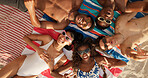 Sunglasses, beach and friends with peace sign for selfie, social media post and picture for summer break. Shades, above and happy people with photography for holiday memory, travel vacation and pov