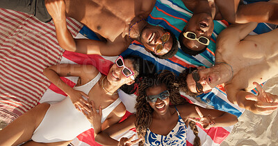 Buy stock photo Sunglasses, beach and friends with peace sign for selfie, social media post and picture for summer break. Shades, above and happy people with photography for holiday memory, travel vacation and pov