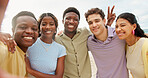 Portrait, friends and selfie at beach with peace sign, hug and  bonding together for summer holiday. Happy, people and photography outdoor by ocean with v gesture, embrace and diversity on vacation.