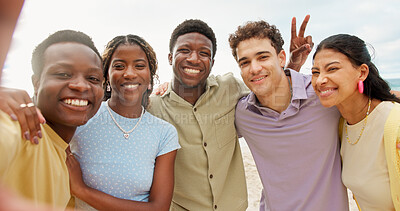 Buy stock photo Portrait, friends and selfie at beach with peace sign, hug and  bonding together for summer holiday. Happy, people and photography outdoor by ocean with v gesture, embrace and diversity on vacation.