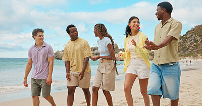 Buy stock photo Beach, holiday and group on walk in nature, bonding and laughing with friends on adventure or travel. Happy, together and hangout on summer vacation with people, funny discussion and outdoor reunion