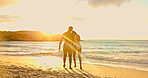 Couple, walk and sunset at beach on vacation with back, bonding and love with relationship in summer. Man, woman and partnership with swimwear, connection and space with waves on seaside holiday