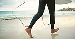 Legs, running and surfer person on beach for holiday activity, sports hobby or weekend getaway. Feet, surfboard and vacation with athlete outdoor on sand at coast for fitness or training in summer