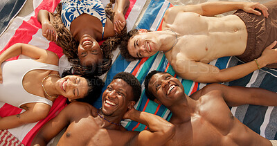 Buy stock photo Circle, outdoor and friends laughing for holiday, get together and funny conversation for summer break. Beach trip, above and happy people with joke for vacation bonding, travel weekend and reunion