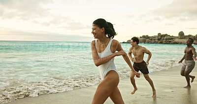 Buy stock photo Running, friends and woman on beach for holiday, travel adventure and tropical destination for getaway. Ocean, sunset and group of people with happiness for island vacation, bonding and fun in Bali