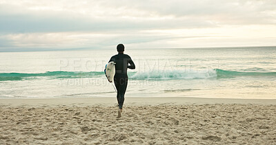 Buy stock photo Back, running and surfer person on beach for holiday activity, sports hobby or weekend getaway. Surfboard, vacation and waves with athlete outdoor on sand at coast for fitness or training in summer