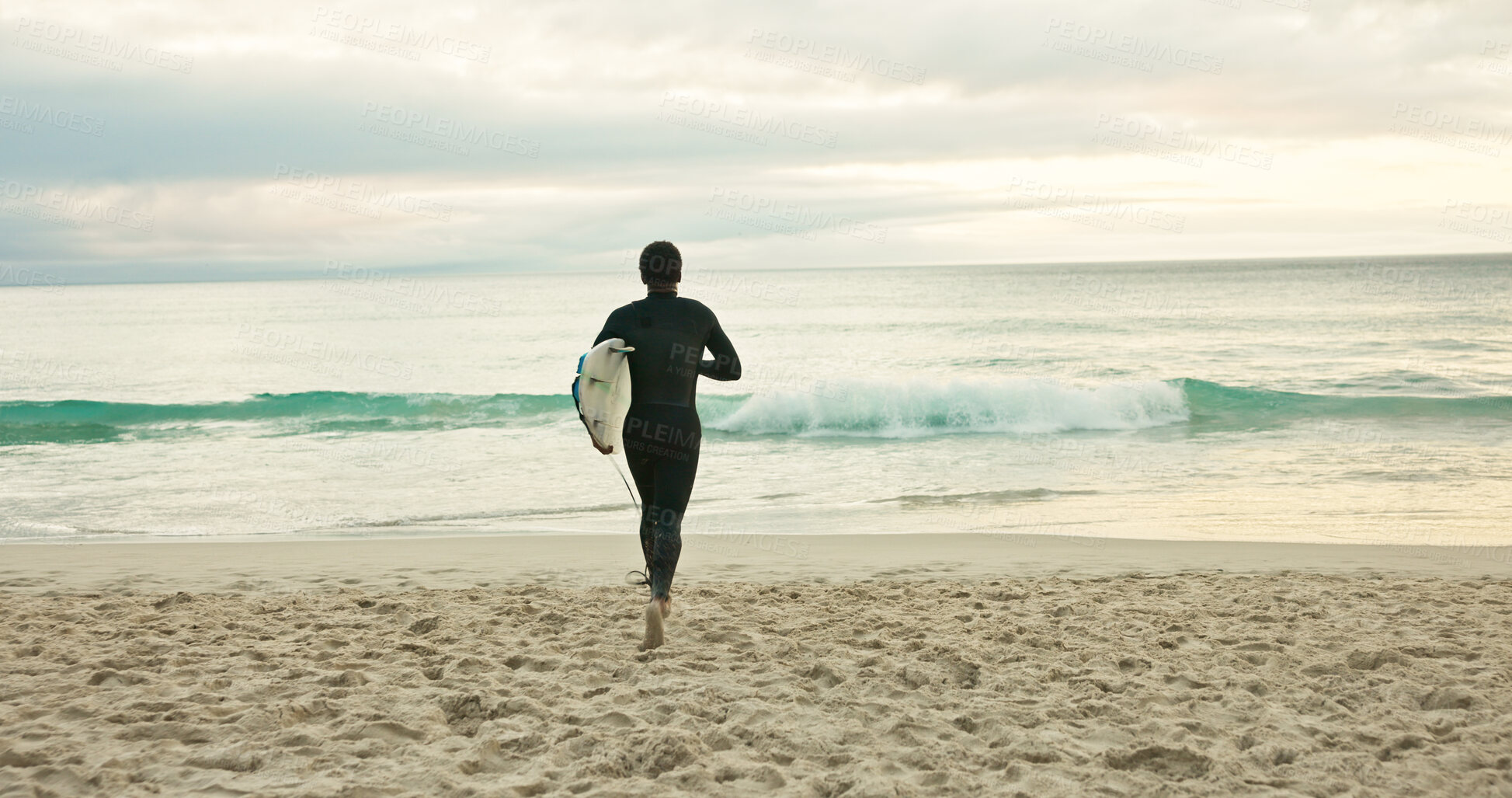 Buy stock photo Back, running and surfer person on beach for holiday activity, sports hobby or weekend getaway. Surfboard, vacation and waves with athlete outdoor on sand at coast for fitness or training in summer