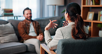 Buy stock photo Psychology, therapist and woman talking to man for help, mental health advice or support in office. Counseling session, life coach and people in therapy for assessment, consultation and evaluation