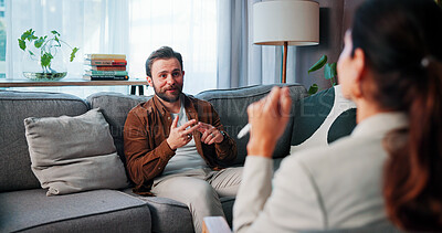 Buy stock photo Psychology, talking and therapy with people in clinic together for mental healthcare, help or support. Consulting, empathy and therapist speaking to patient in office for healing or rehabilitation