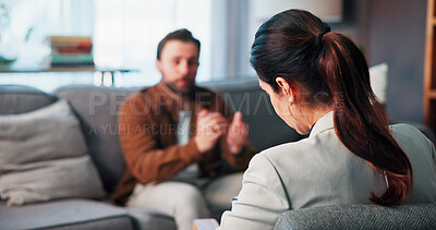 Buy stock photo Mental health, patient or counselor in office with checkup, evaluation or therapy in clinic visit. People, client or psychologist with consultation, emotional support or advice in trauma session.