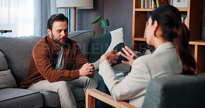 Buy stock photo Mental health, counseling or people in office with checkup, evaluation or therapy in clinic visit. Guidance, patient or psychologist with consultation, emotional support or advice in trauma session.