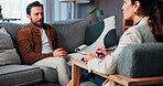Consulting, therapy and writing with people in clinic together for mental healthcare, help or support. Empathy, psychology and therapist talking to patient in office for healing or rehabilitation
