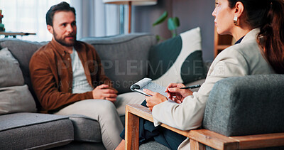 Buy stock photo Consulting, therapy and writing with people in clinic together for mental healthcare, help or support. Counseling, psychology and therapist talking to patient in office for healing or rehabilitation
