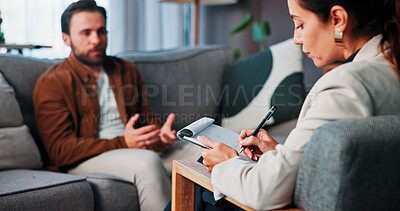 Buy stock photo Clipboard, consulting and therapy with people in clinic together for mental healthcare, help or support. Psychology, talking and therapist writing with patient in office for healing or rehabilitation