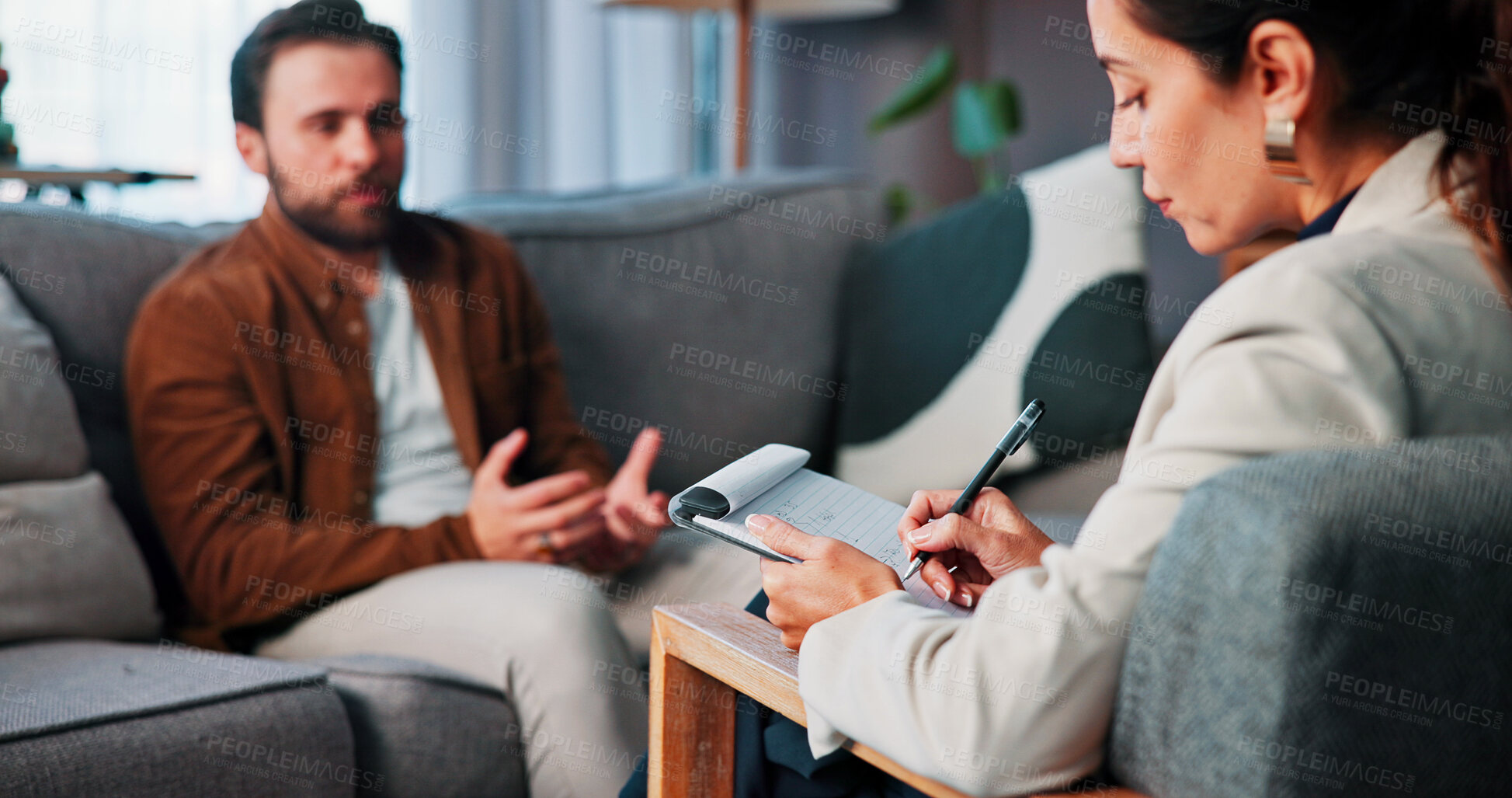 Buy stock photo Clipboard, consulting and therapy with people in clinic together for mental healthcare, help or support. Psychology, talking and therapist writing with patient in office for healing or rehabilitation