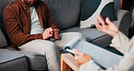 Consulting, hands and therapy with people in clinic together for mental healthcare, help or support. Anxiety, psychology and therapist speaking to patient in office for healing or rehabilitation