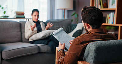 Buy stock photo Woman, counseling or talking with therapist for advice, rehabilitation or therapy session on sofa. Female person, client or discussion with counselor, psychologist or help for mental health in office