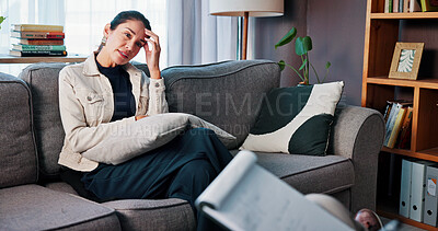 Buy stock photo Psychologist, woman and stress in therapy on sofa for divorce grief, life transition and advice. Notes, doctor and mature patient with anxiety in CBT counseling for mental health, healing and support