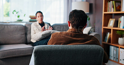 Buy stock photo Woman, patient and talking with psychologist for counseling, rehabilitation or therapy session. Female person, client and speaking with counselor or therapist for help or advice on sofa in office